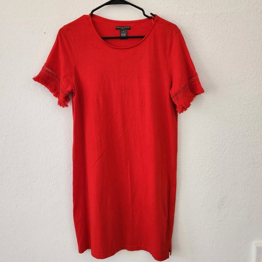 Chelsea & Theodore Red Shirt Dress Size Medium Fringe Sleeves Boutique